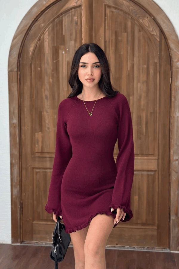 Sırt Pencereli Mini Triko Elbise - Bordo