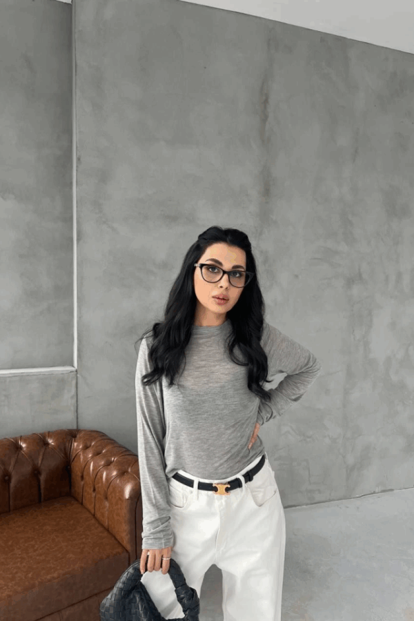 Bisiklet Yaka Uzun Kollu Crop - Gri