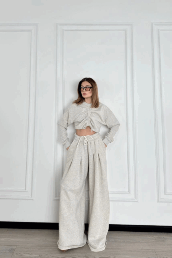 Uzun Kollu Önü İp Büzgülü  Crop Ve Pantolon İkili Takım - Gri