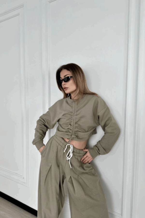 Uzun Kollu Önü İp Büzgülü  Crop Ve Pantolon İkili Takım - Haki