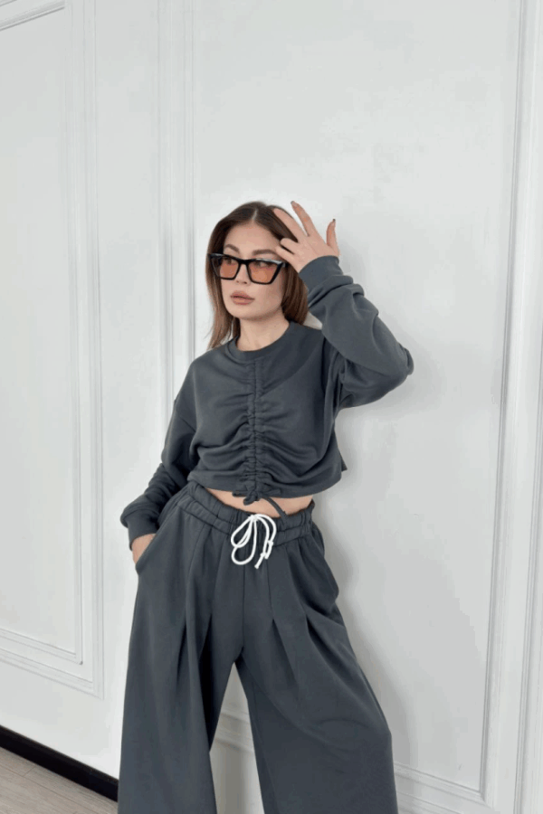 Uzun Kollu Önü İp Büzgülü Crop Ve Pantolon İkili Takım - Antrasit