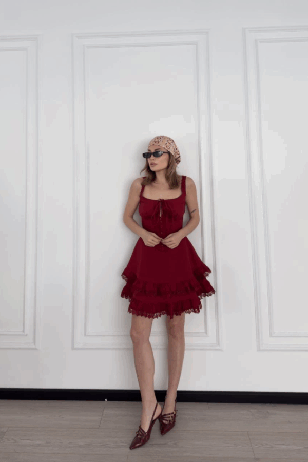 Mini Askılı Elbise - Bordo