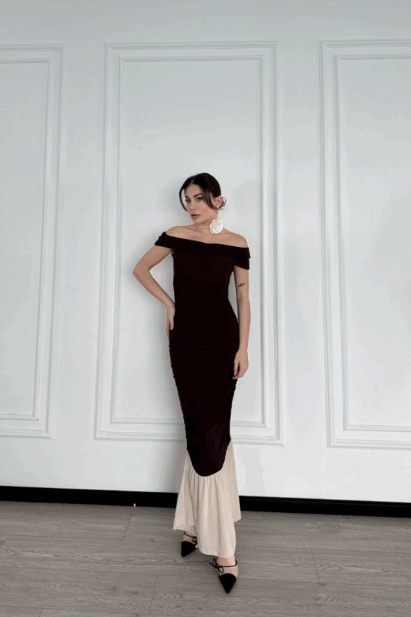 Striptiz Omuzlu Uzun Elbise- Kahve