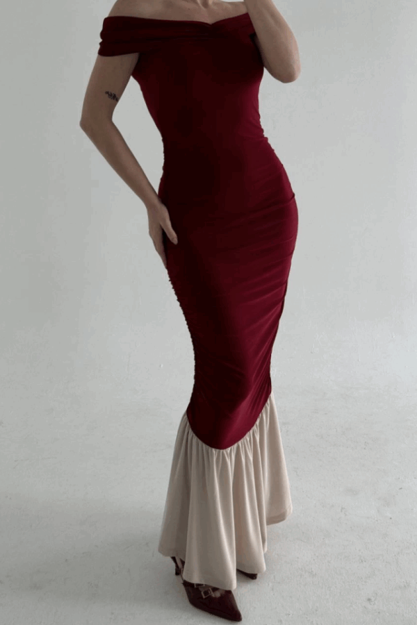 Striptiz Omuzlu Uzun Elbise- Bordo