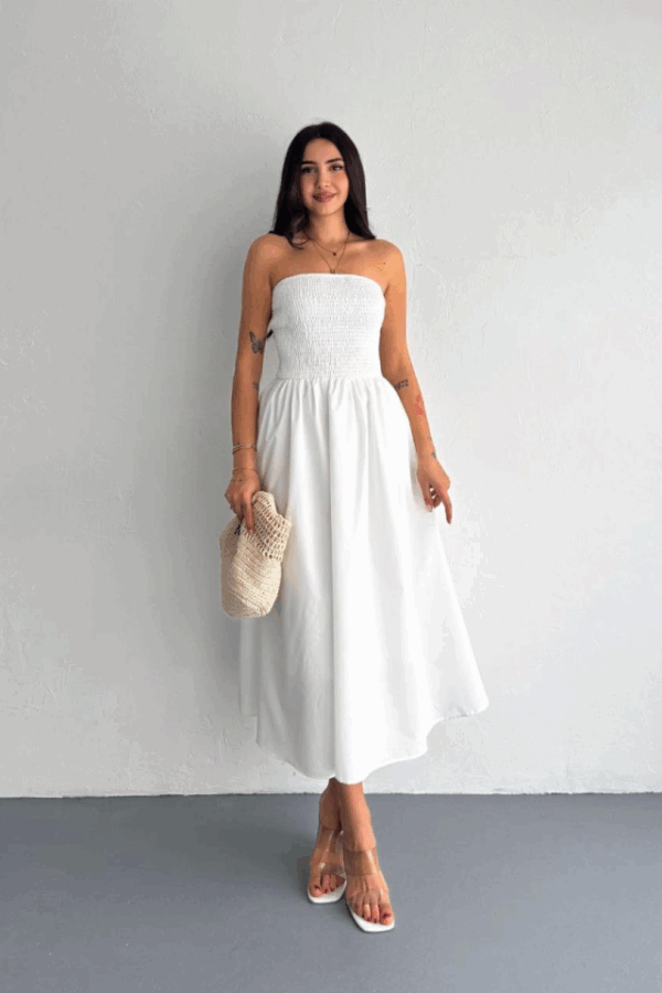Straplez Pileli Elbise - Beyaz