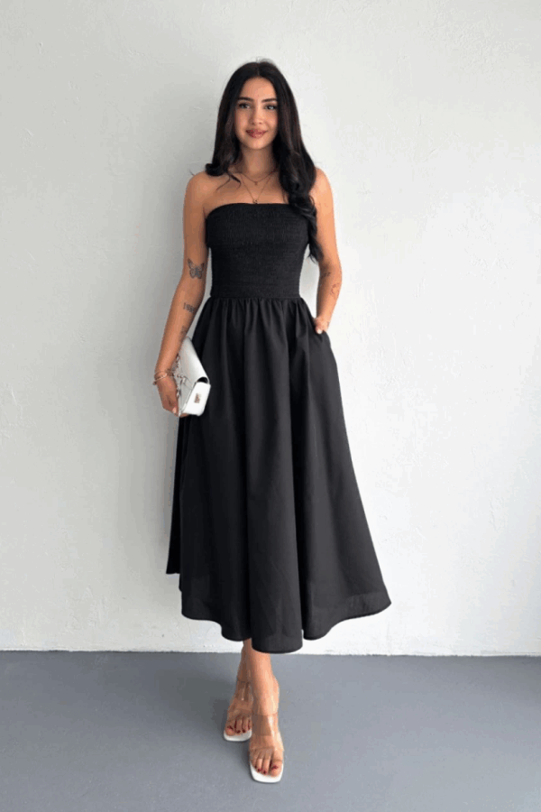 Straplez Pileli Elbise - Siyah