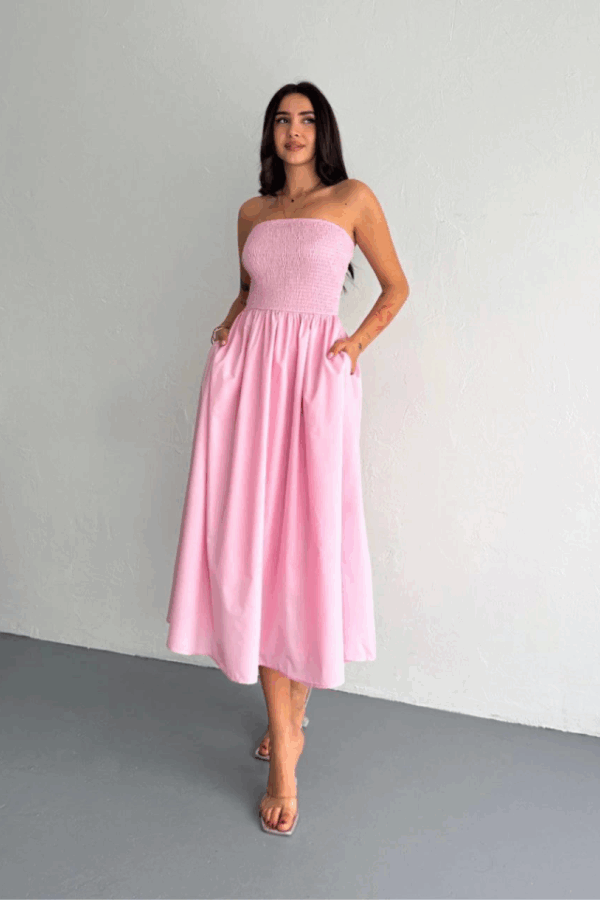 Straplez Pileli Elbise - Pembe