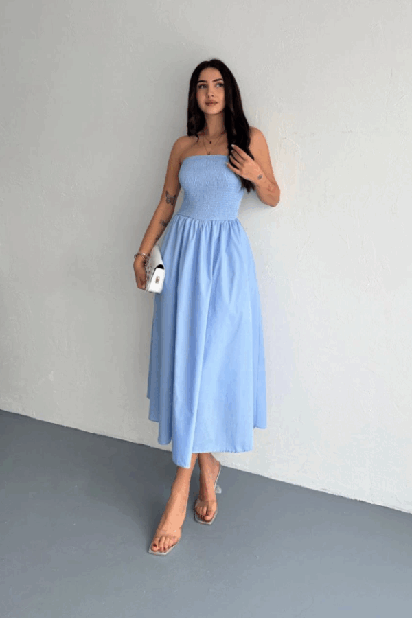 Straplez Pileli Elbise - Açık Mavi