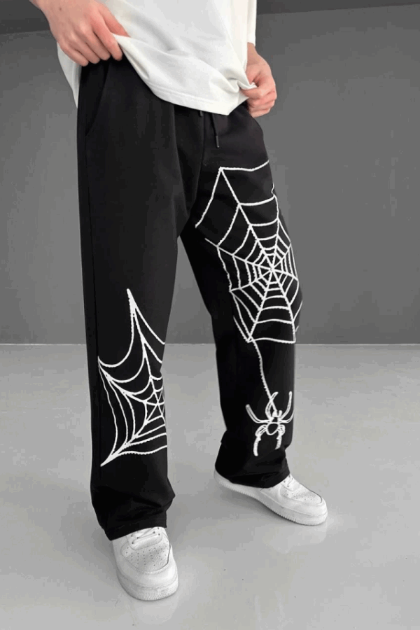 İki İplik Kumaş Örümcek Baskılı Esofman - Siyah