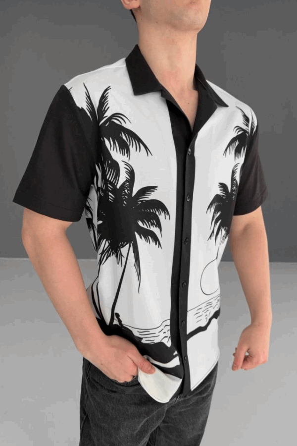 Ki İplik Kumaş Baskılı Gömlek - Siyah