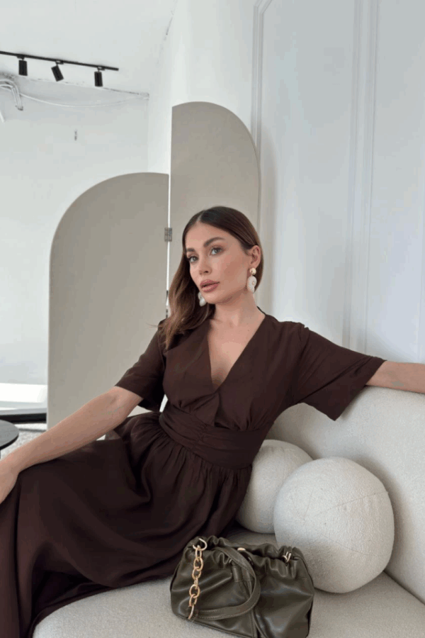 Kısa Kollu Uzun Elbise - Kahve