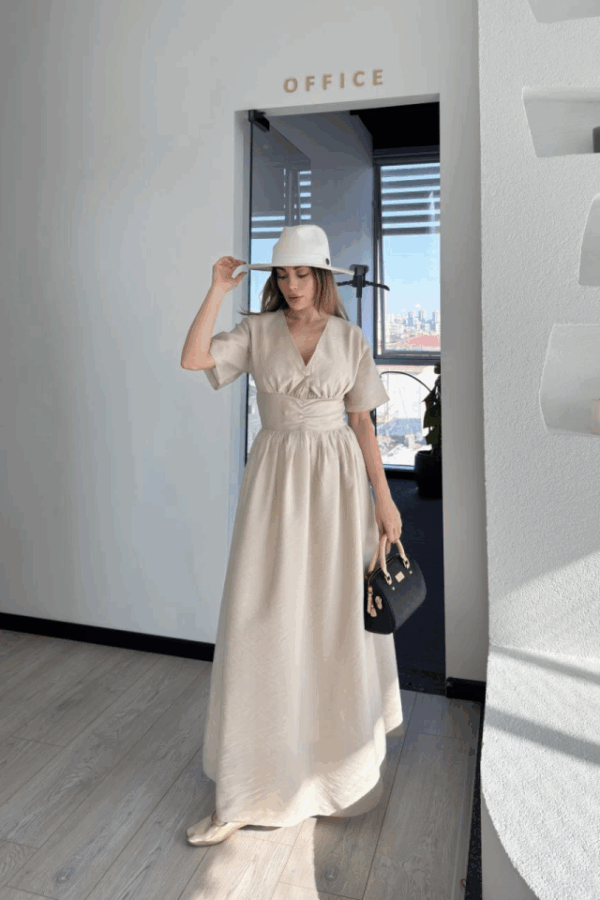 Kısa Kollu Uzun Elbise - Kırık Beyaz