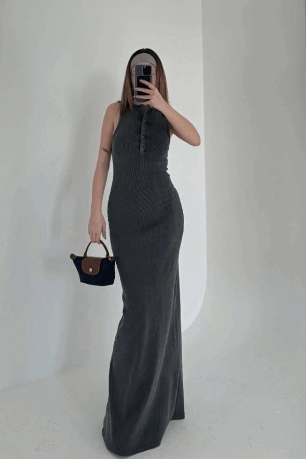 Yırtmaç Detaylı Kolsuz Düğmeli Yıkamalı Uzun  Elbise - Antrasit