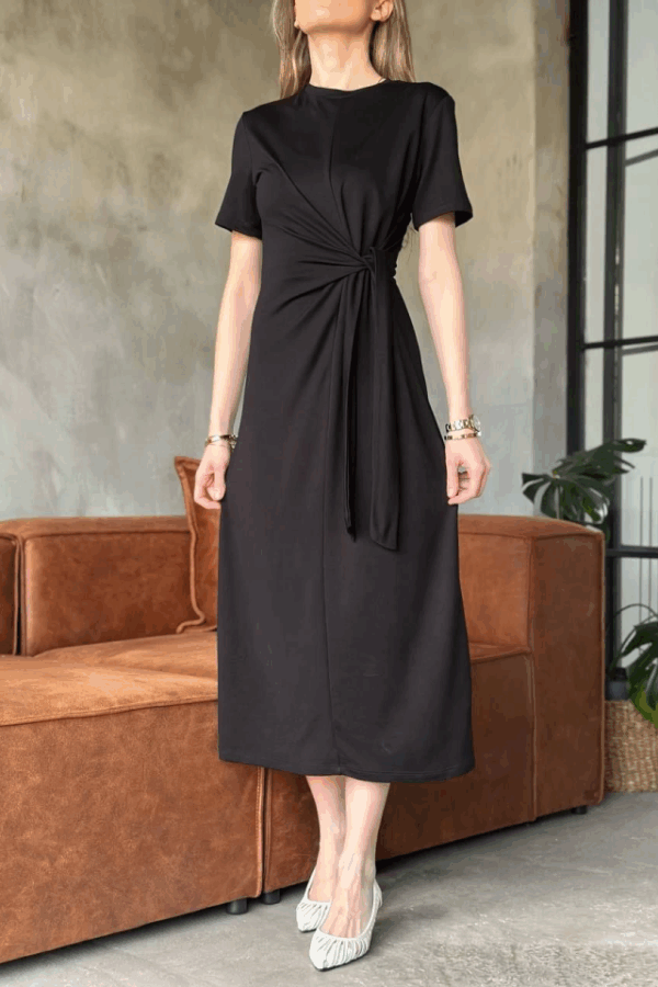 Osy Modal Yumuşak Dokulu KumaşYandan Bağlamalı Elbise - Siyah