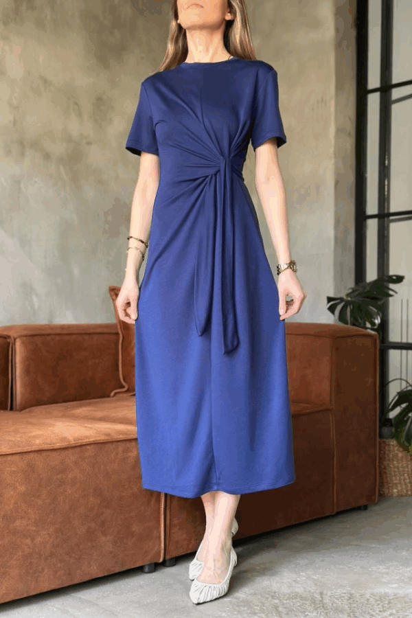 Osy Modal Yumuşak Dokulu Kumaş Yandan Bağlamalı Elbise - Lacivert