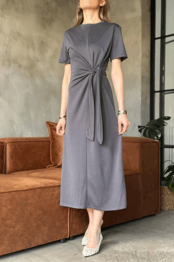 Osy Modal Yumuşak Dokulu Kumaş Yandan Bağlamalı Elbise - Gri