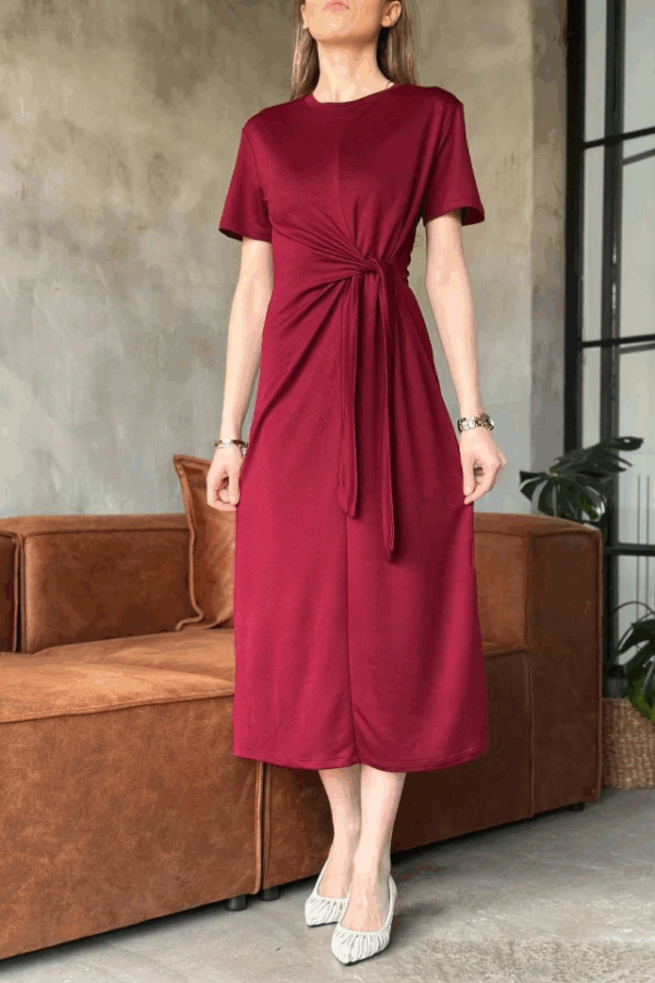 Osy Modal Yumuşak Dokulu Kumaş Yandan Bağlamalı Elbise - Bordo
