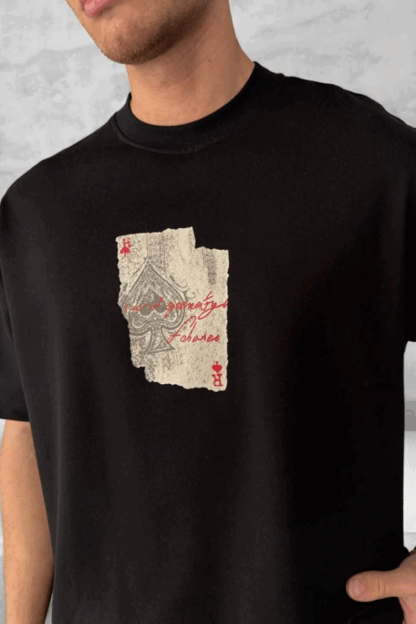 Ön Ve Arka Baskılı Oversize Bisiklet Yaka T-shirt - Siyah