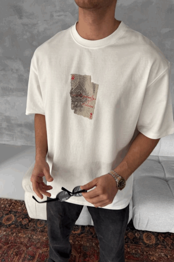 Erkek Ön Ve Arka Baskılı Oversize Bisiklet Yaka T-shirt - Beyaz
