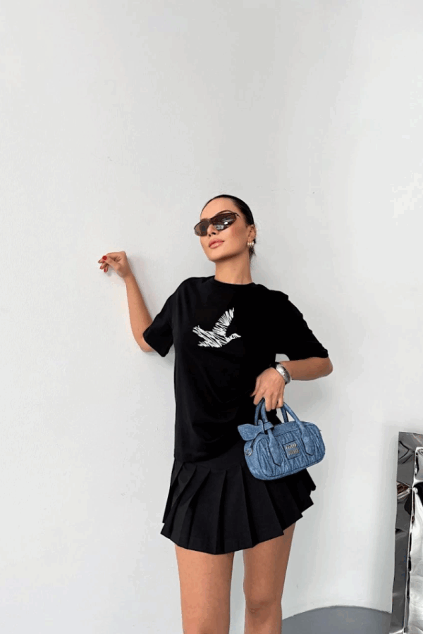 Kısa Kol Baskılı T-shirt - Siyah