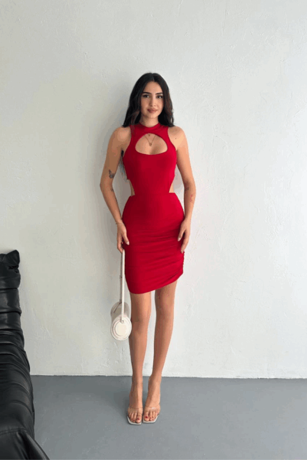 Göğüs Ve Yanlar Dekolteli Kolsuz Boy Elbise - Kırmızı