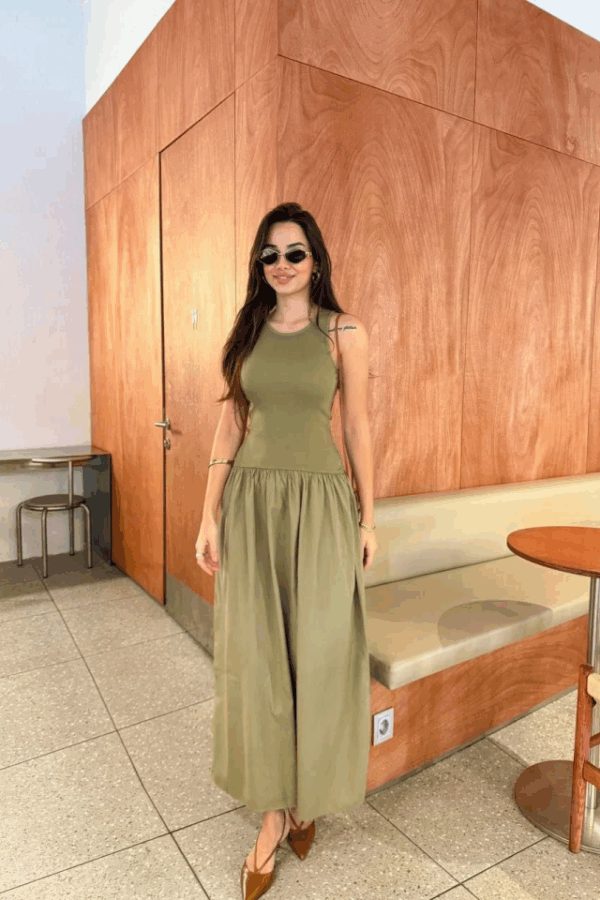 Kolsuz Uzun Elbise - Haki