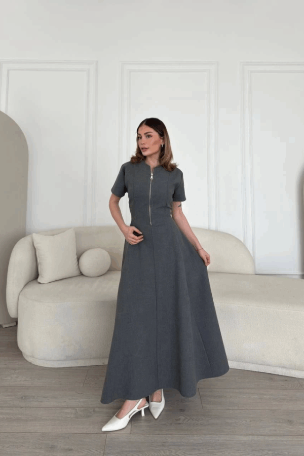 Kısa Kollu Önden Fermuarlı Çan Etekli Uzun Elbise - Antrasit