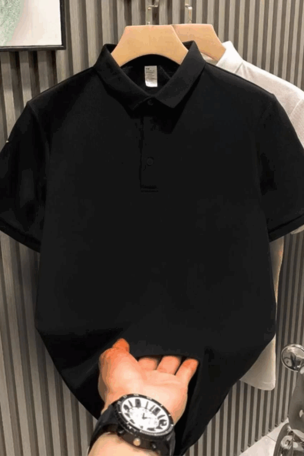 Yakası Düğmeli Yakalı Pike Düz T-Shirt - Siyah