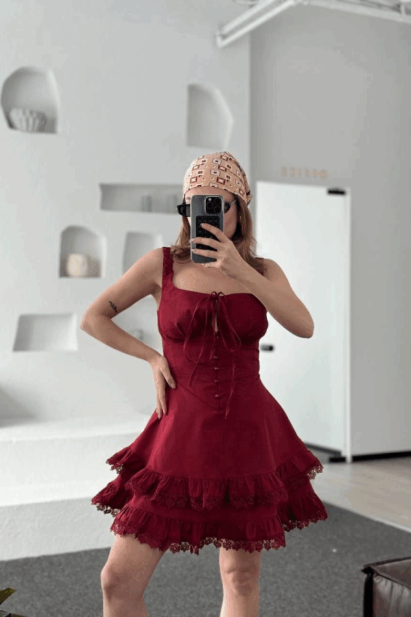 Fırfırlı Askılı Mini Elbise - Bordo