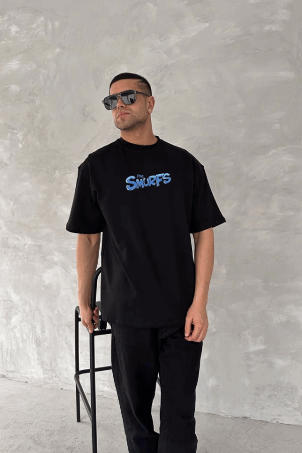 Ön Ve Arka Baskılı Oversize Bisiklet Yaka T-shirt- Siyah