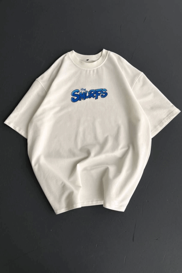 Ön Ve Arka Baskılı Oversize Bisiklet Yaka T-shirt- Beyaz