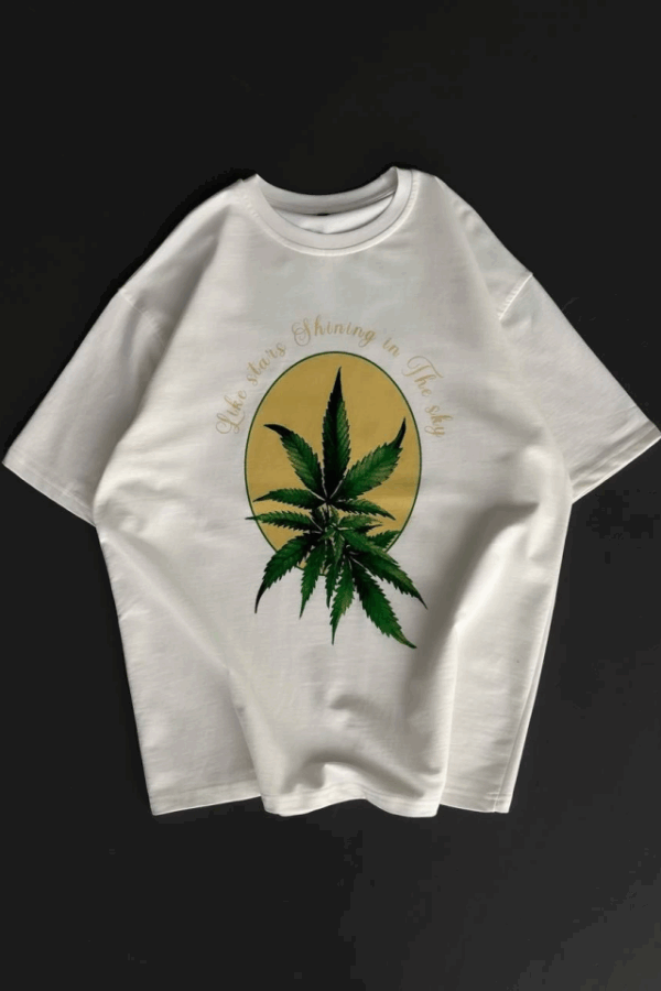 Ön Ve Arka Baskılı Oversize Bisiklet Yaka T-shirt- Beyaz