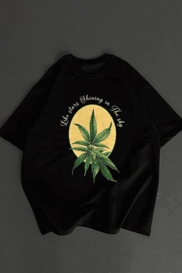 Ön Ve Arka Baskılı Oversize Bisiklet Yaka T-shirt- Siyah