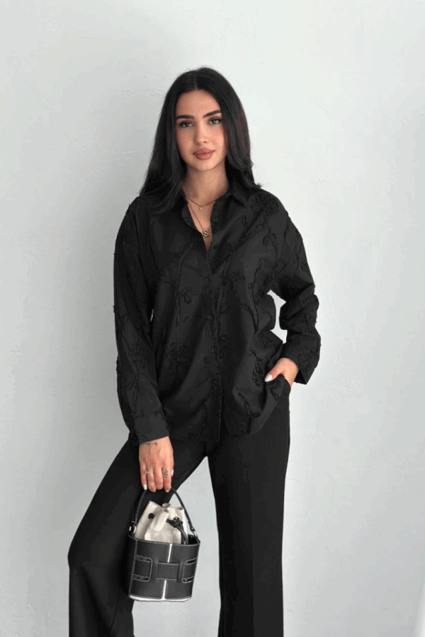 Nakışlı Uzun Kollu Gömlek - Siyah