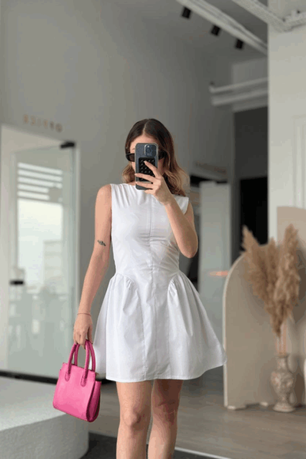 Fermuar Detaylı Mini Elbise - Beyaz