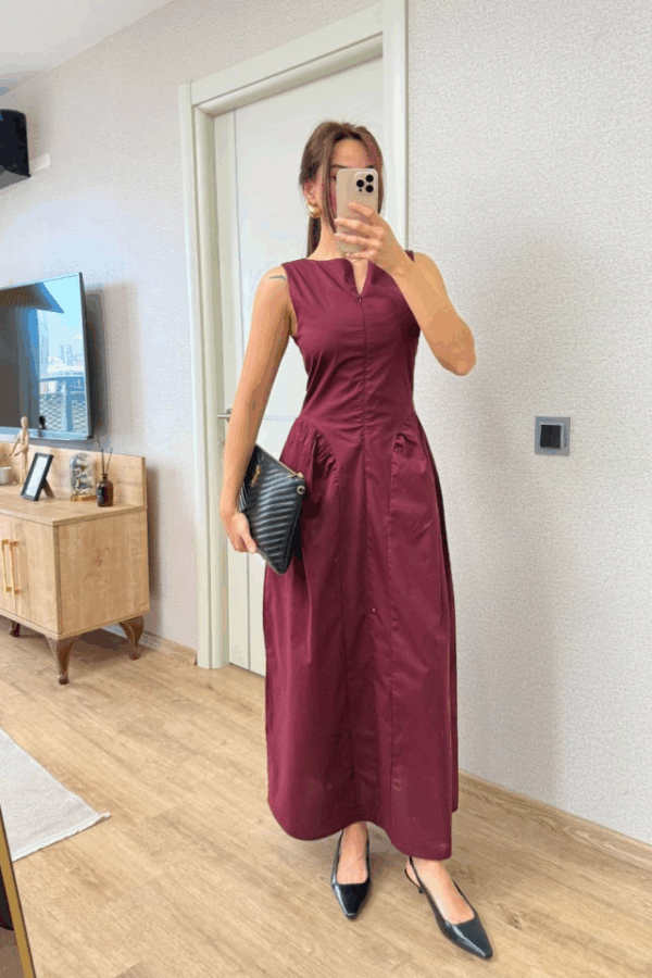 Önden Fermuar Detaylı Kolsuz Uzun Elbise - Bordo