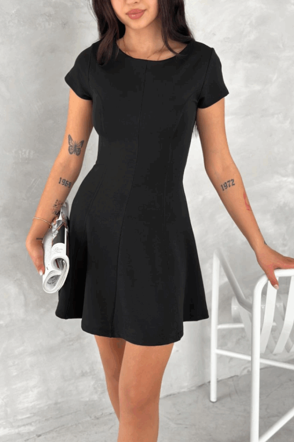 Kısa Kollu Mini Elbise - Siyah