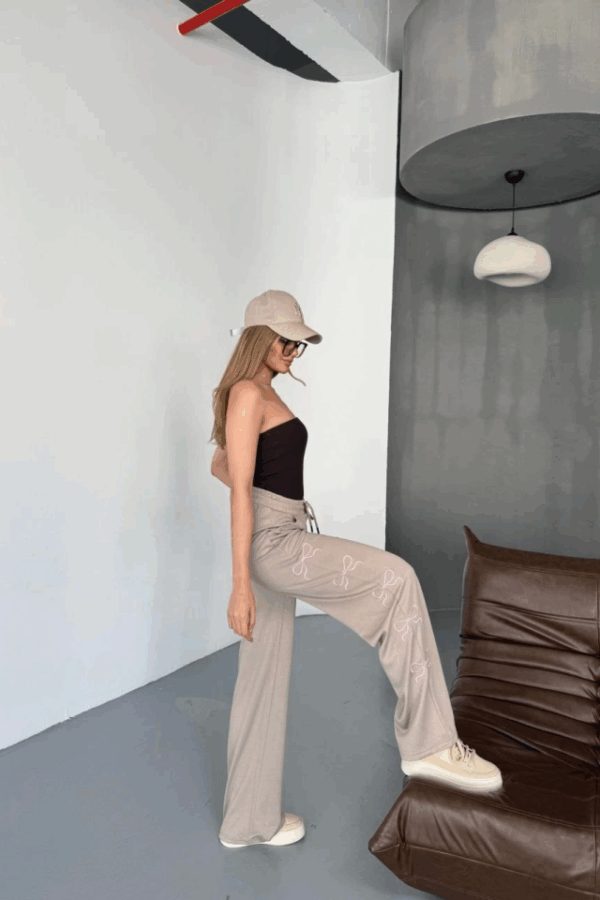 Osy Modal Yumuşak Dokulu Kumaş Nakış Işlemeli Rahat Bol Paça Eşofman Pantalon - Bej