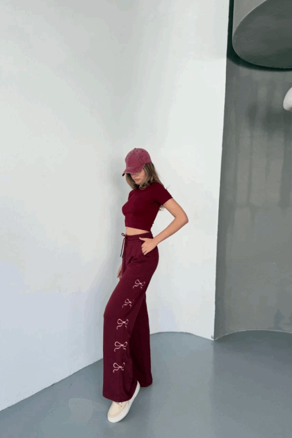 Osy Modal Yumuşak Dokulu Kumaş Nakış Işlemeli Rahat Bol Paça Eşofman Pantalon - Bordo