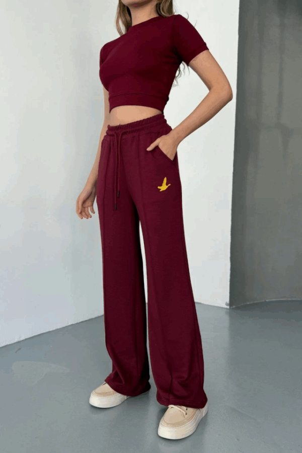 Osy Modal Yumuşak Dokulu Kumaş Nakış Işlemeli Rahat Bol Paça Eşofman Pantalon - Bordo