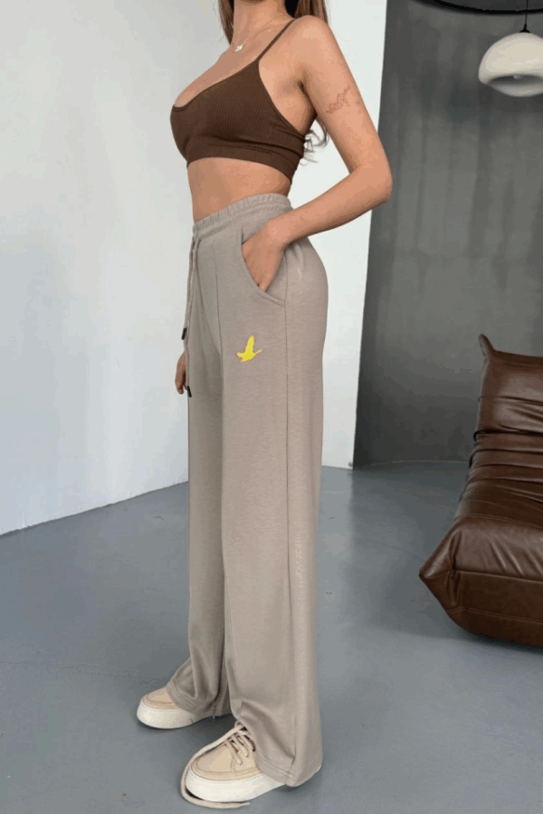 Osy Modal Yumuşak Dokulu Kumaş Nakış Işlemeli Rahat Bol Paça Eşofman Pantalon - Bej