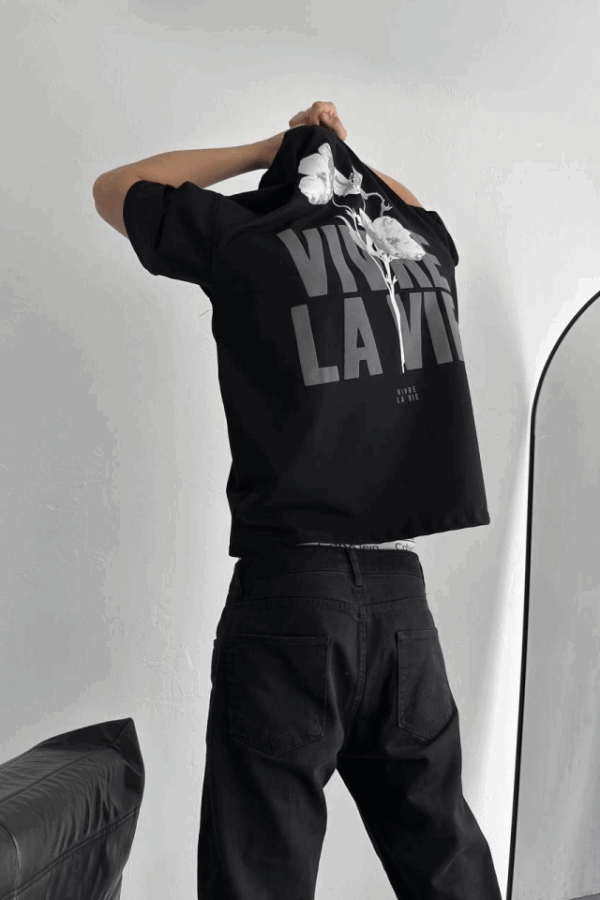 Baskılı Oversize Bisiklet Yaka T-shirt - Siyah