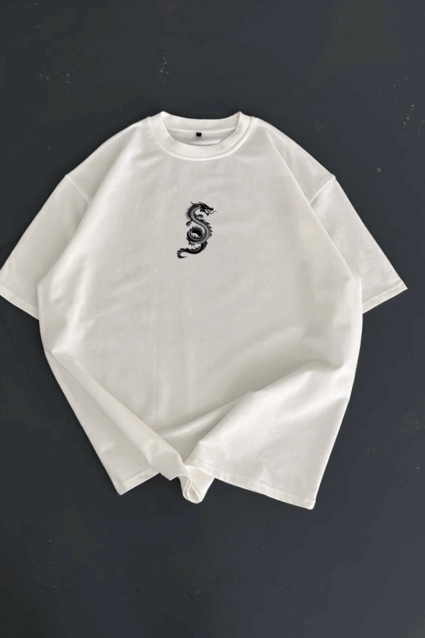 Baskılı Oversize Bisiklet Yaka T-shirt - Beyaz