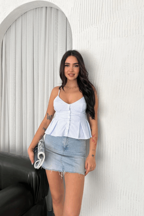 Askılı Dekolte Deraylı Crop - Açık Mavi