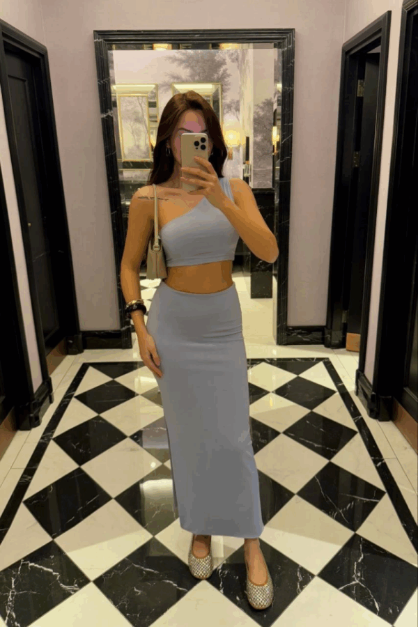 Yandan Yırtmaçlı Uzun Etek Asimetrik Crop İkili Takım - Bebek Mavisi