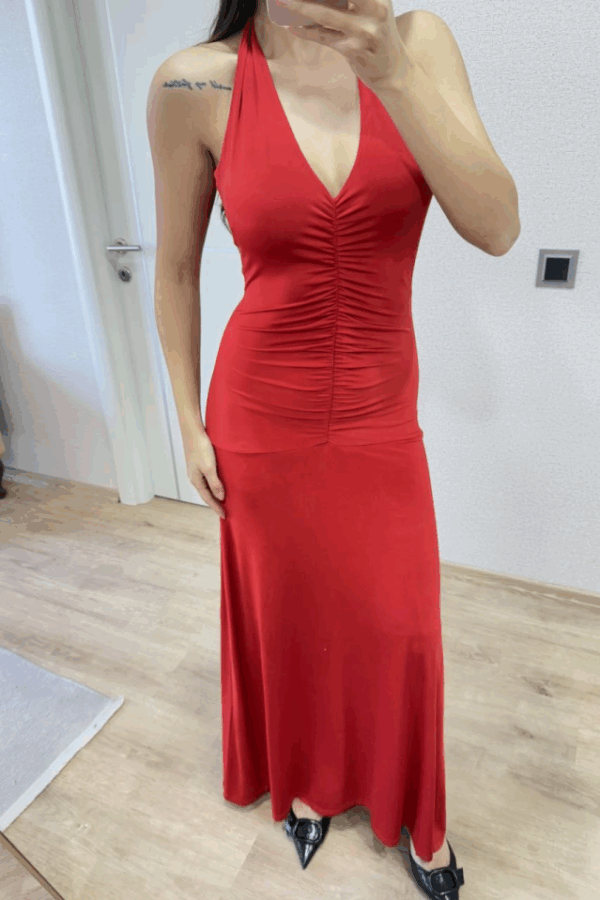 Sırt Dekolteli Uzun Kollu Elbise - Kırmızı
