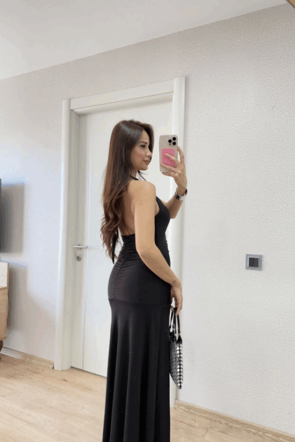 Sırt Dekolteli Uzun Kollu Elbise - Siyah