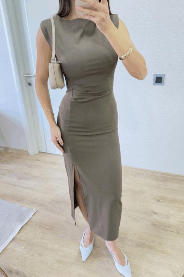 Yırtmaç Detaylı Kolsuz Elbise - Antrasit