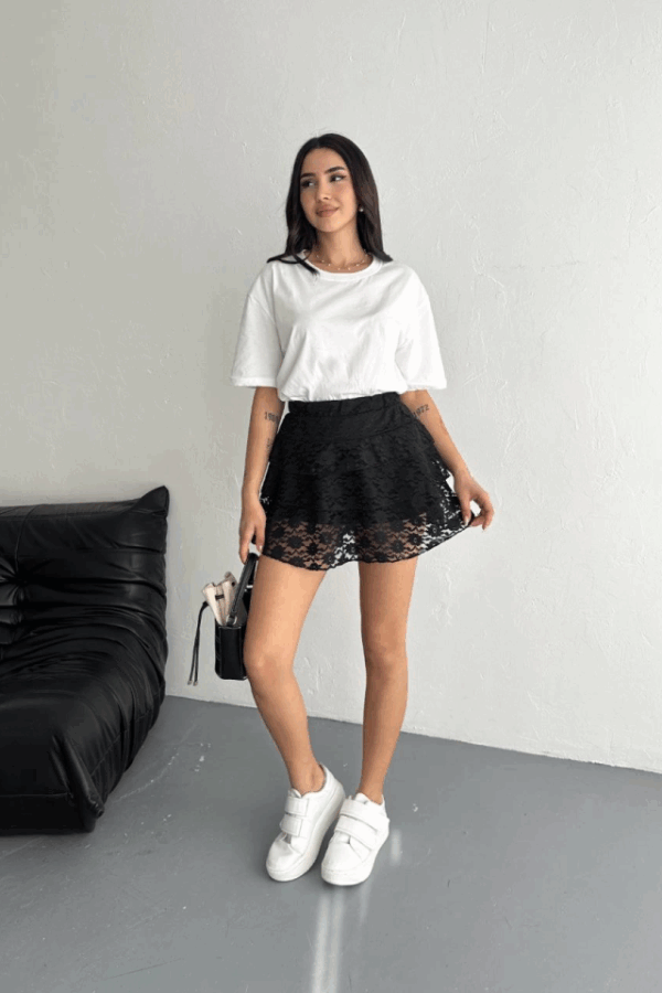 Dantel Şortlu Etek - Siyah