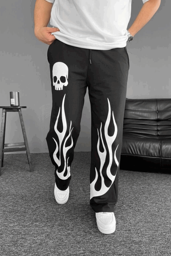 İki İplik Baskılı Kumaş Baggy Alt Esofman - Siyah